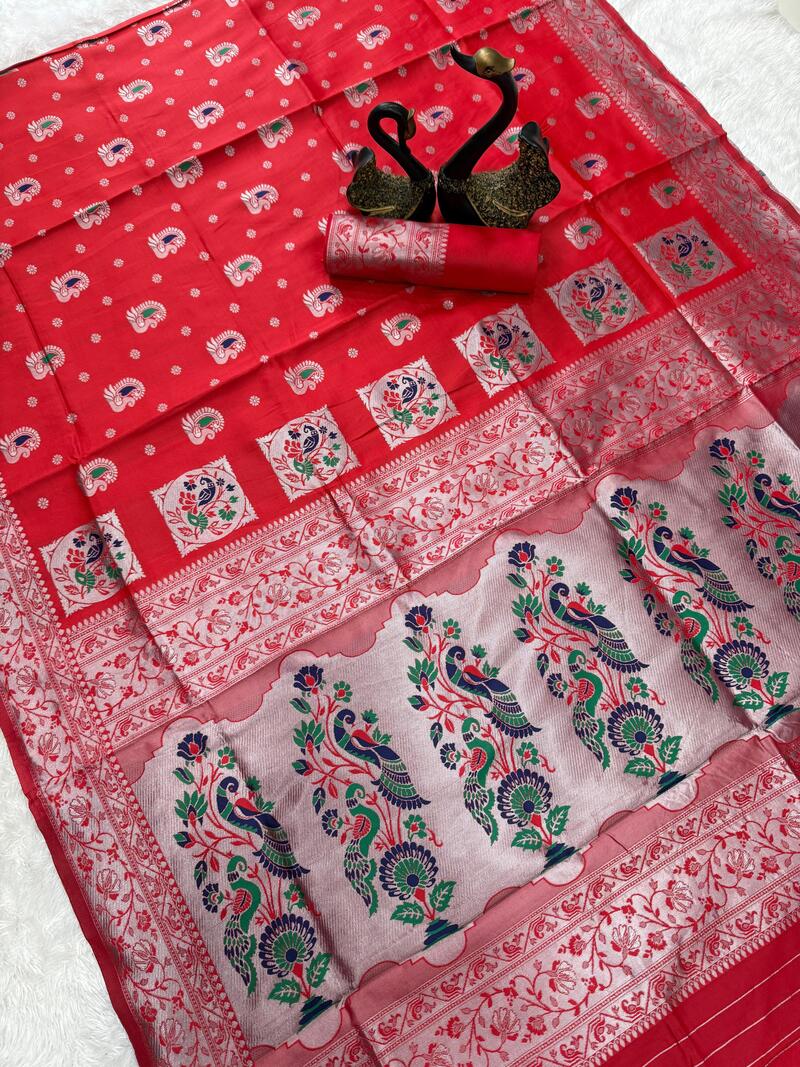 Twirling Red Paithani Silk Saree With Marvellous Blouse Piece