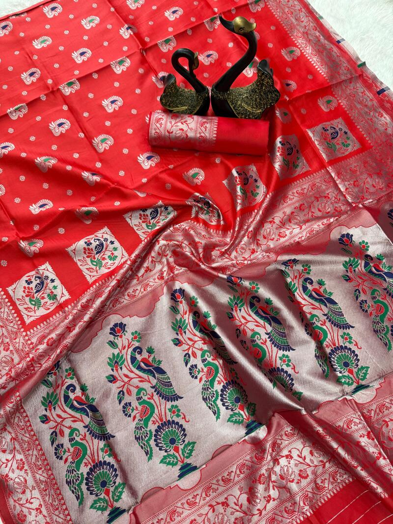 Twirling Red Paithani Silk Saree With Marvellous Blouse Piece