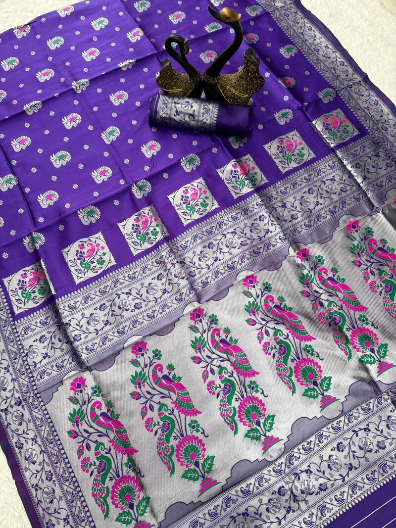 Most Stunning Violet Paithani Silk Saree With Felicitous Blouse Piece