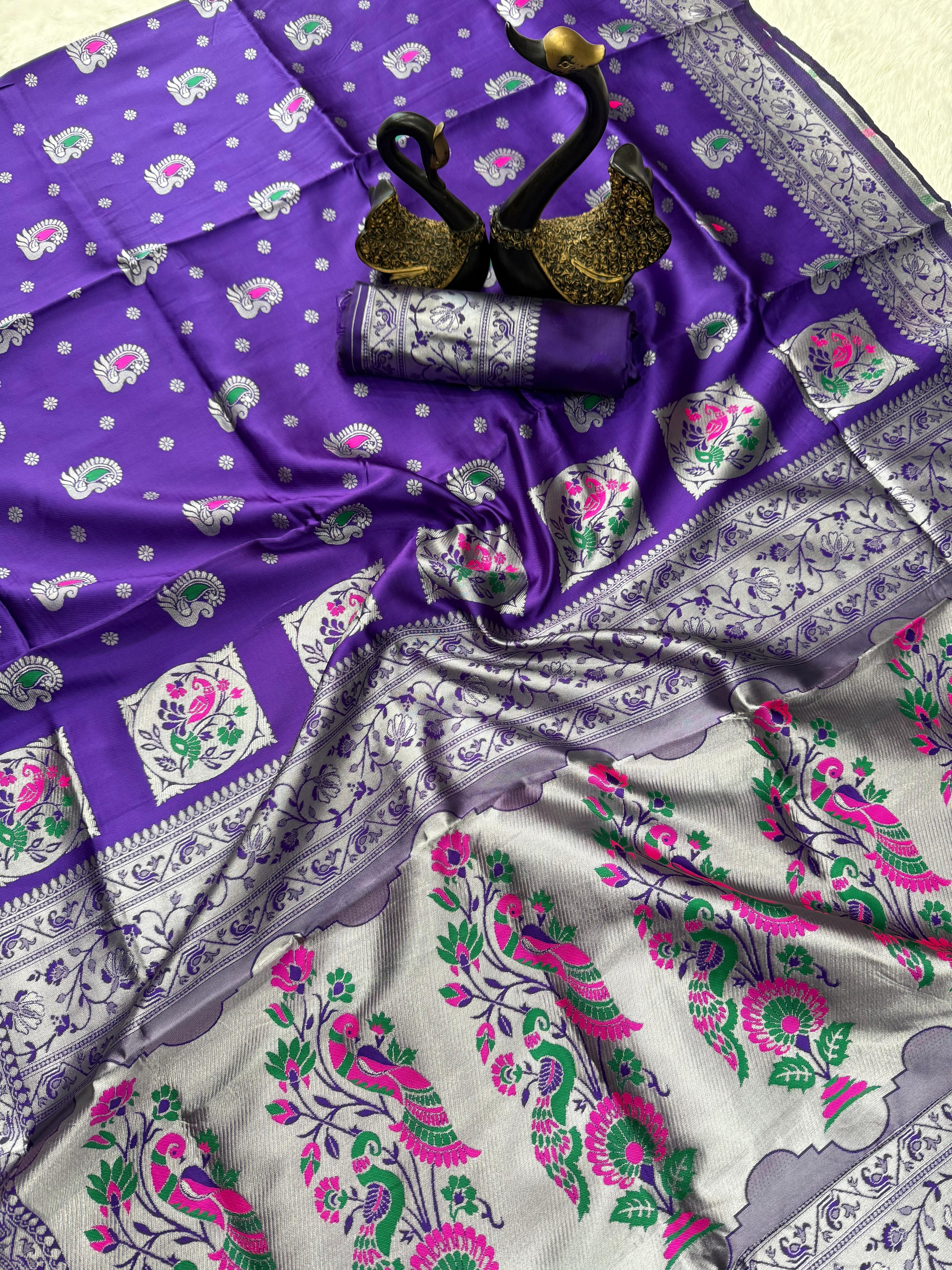 Most Stunning Violet Paithani Silk Saree With Felicitous Blouse Piece