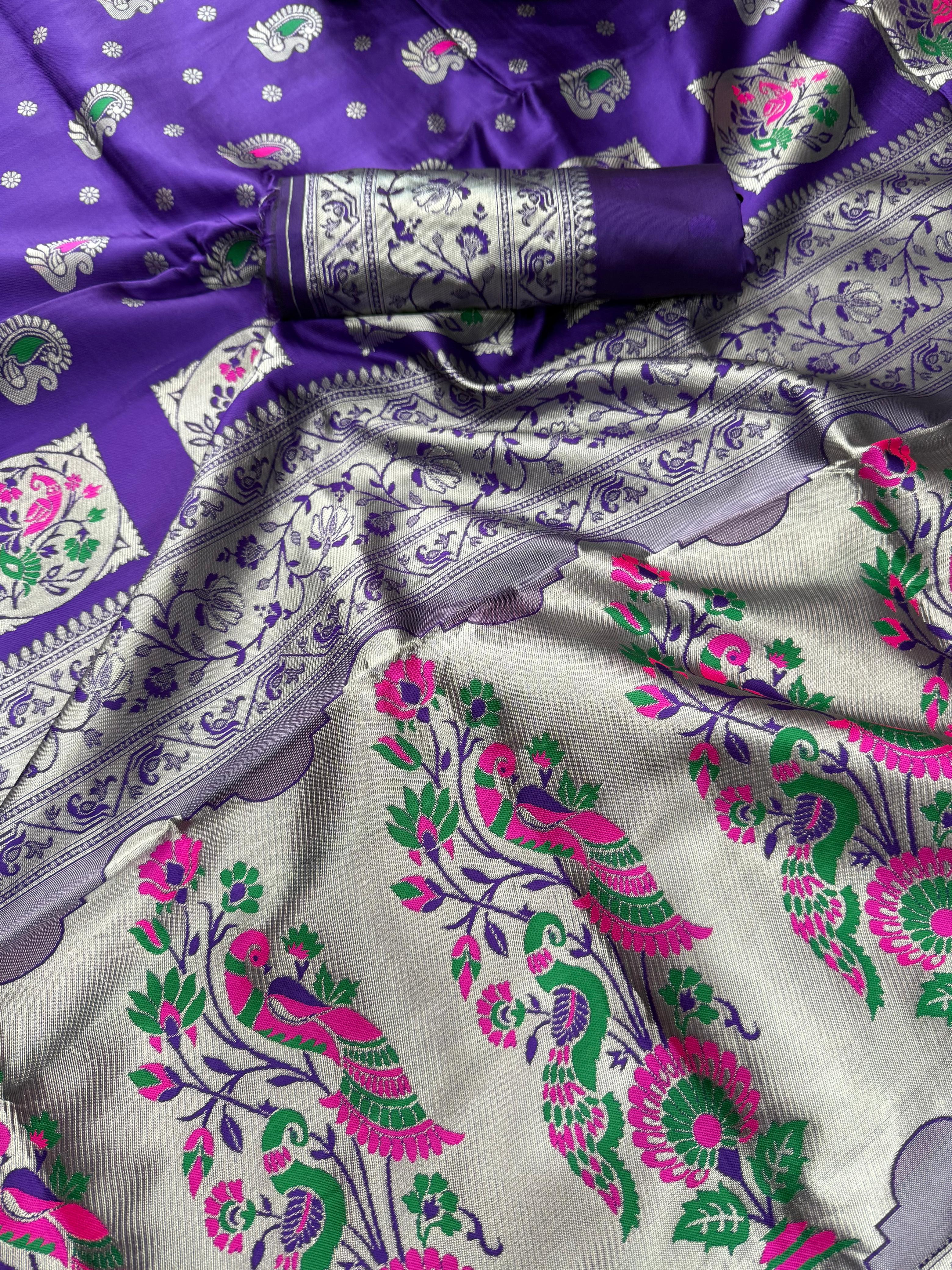 Most Stunning Violet Paithani Silk Saree With Felicitous Blouse Piece