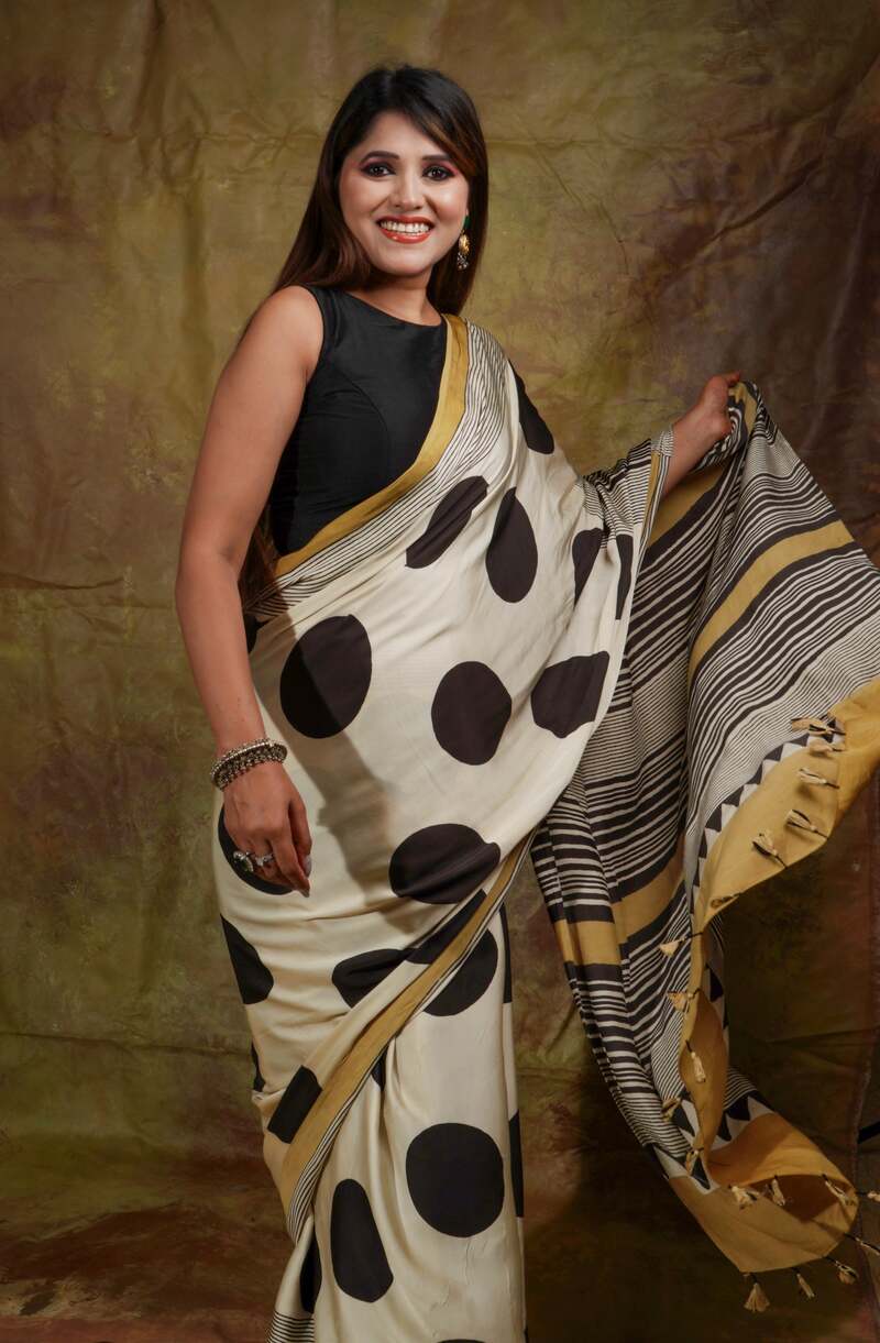Murmurous Beige Digital Printed Crape Silk Saree With Panache Blouse Piece