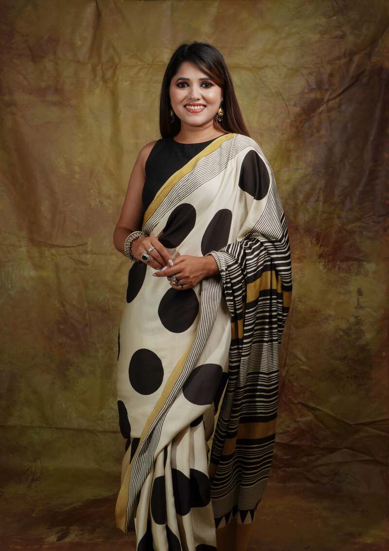 Murmurous Beige Digital Printed Crape Silk Saree With Panache Blouse Piece