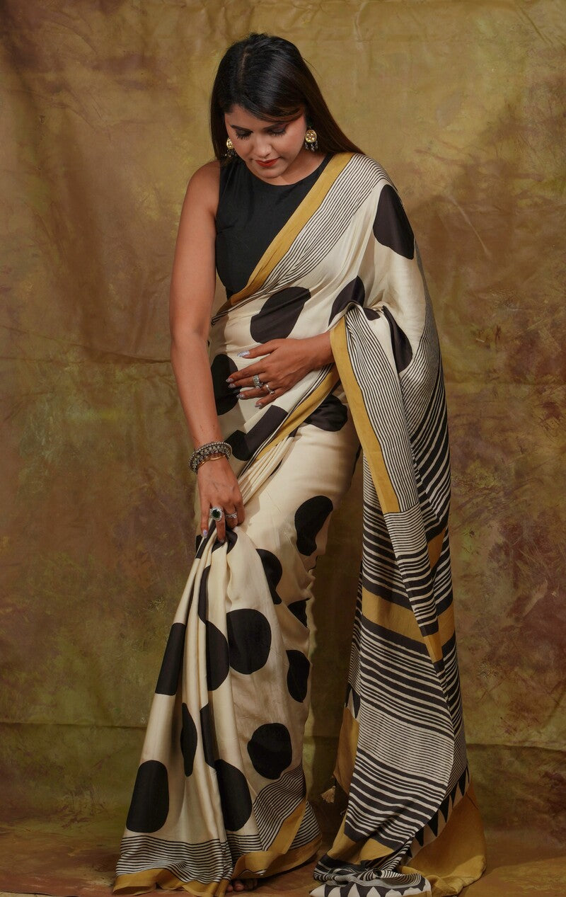 Murmurous Beige Digital Printed Crape Silk Saree With Panache Blouse Piece