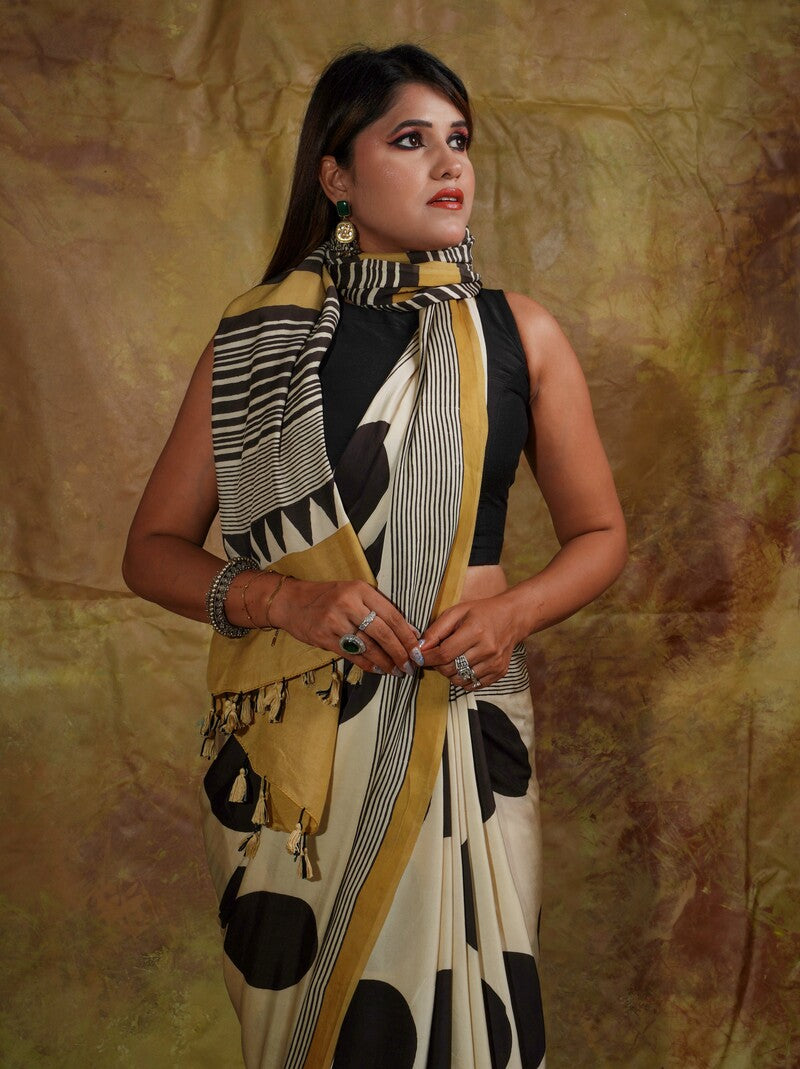 Murmurous Beige Digital Printed Crape Silk Saree With Panache Blouse Piece