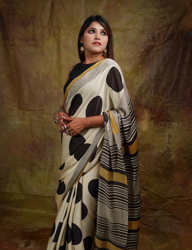 Murmurous Beige Digital Printed Crape Silk Saree With Panache Blouse Piece