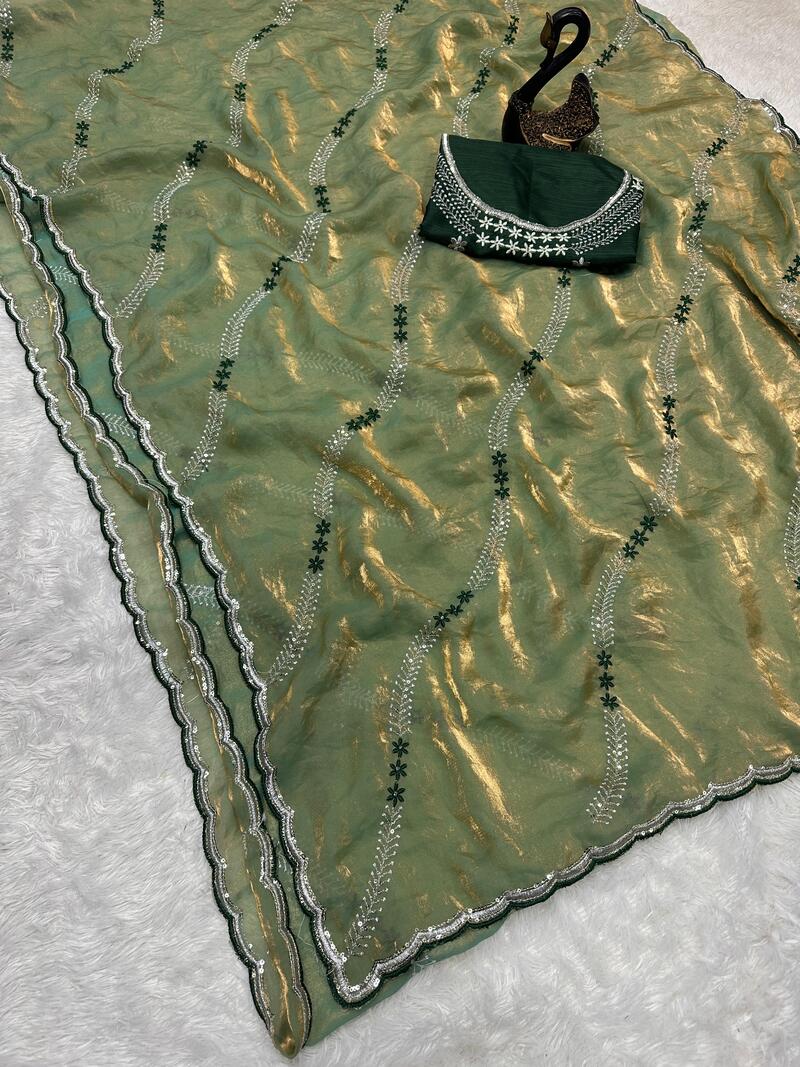 Ethnic Green Sequence Work Fandy Silk Saree With Capricious Blouse Piece