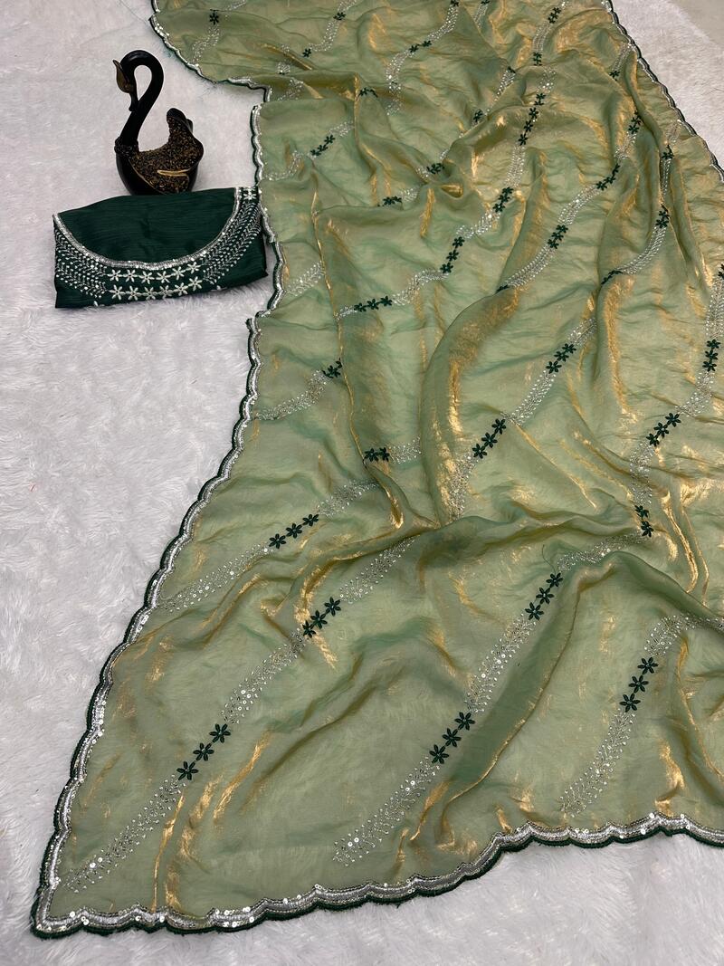 Ethnic Green Sequence Work Fandy Silk Saree With Capricious Blouse Piece