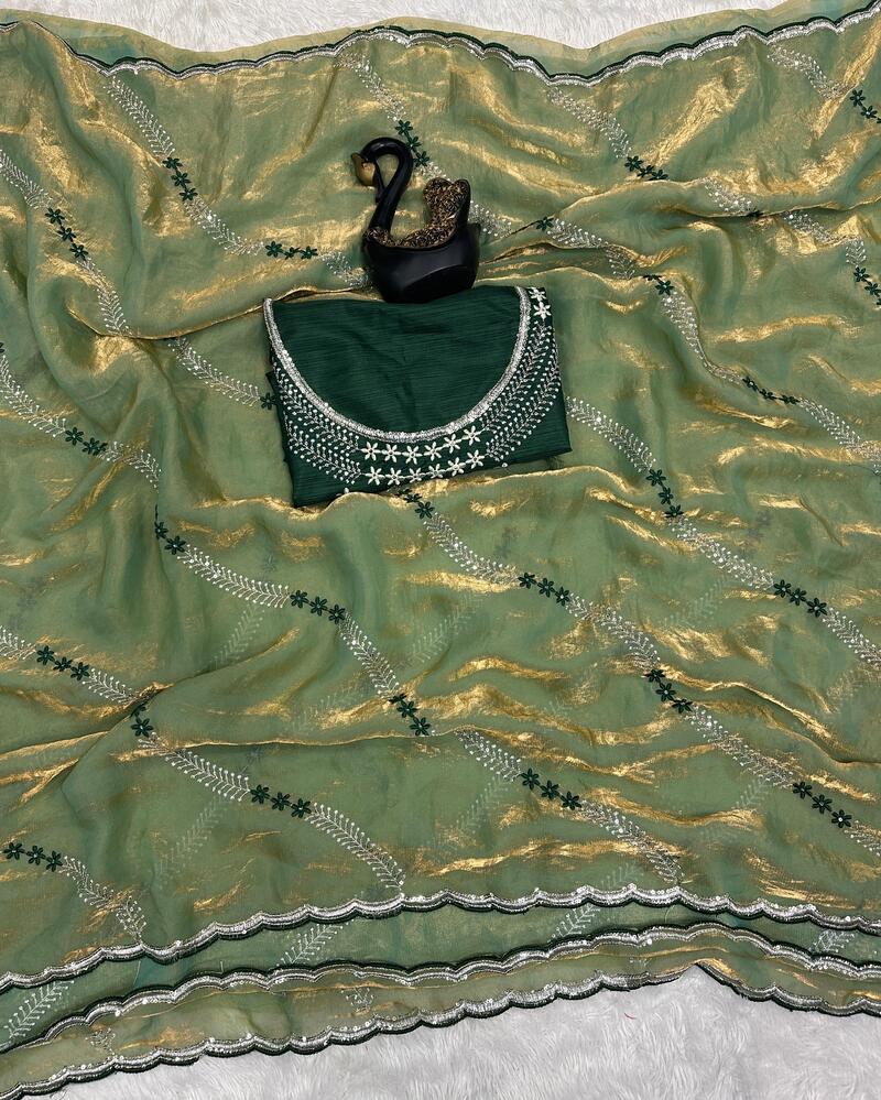 Ethnic Green Sequence Work Fandy Silk Saree With Capricious Blouse Piece