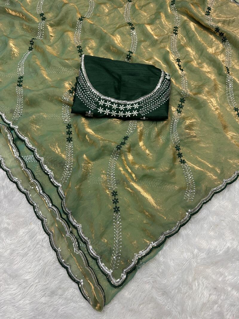 Ethnic Green Sequence Work Fandy Silk Saree With Capricious Blouse Piece