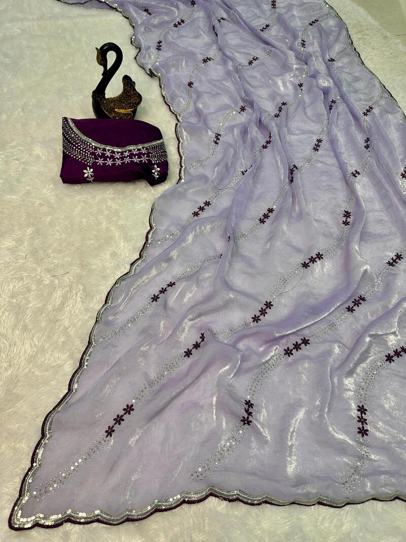 Ailurophile Lavender Sequence Work Fandy Silk Saree With Extraordinary Blouse Piece
