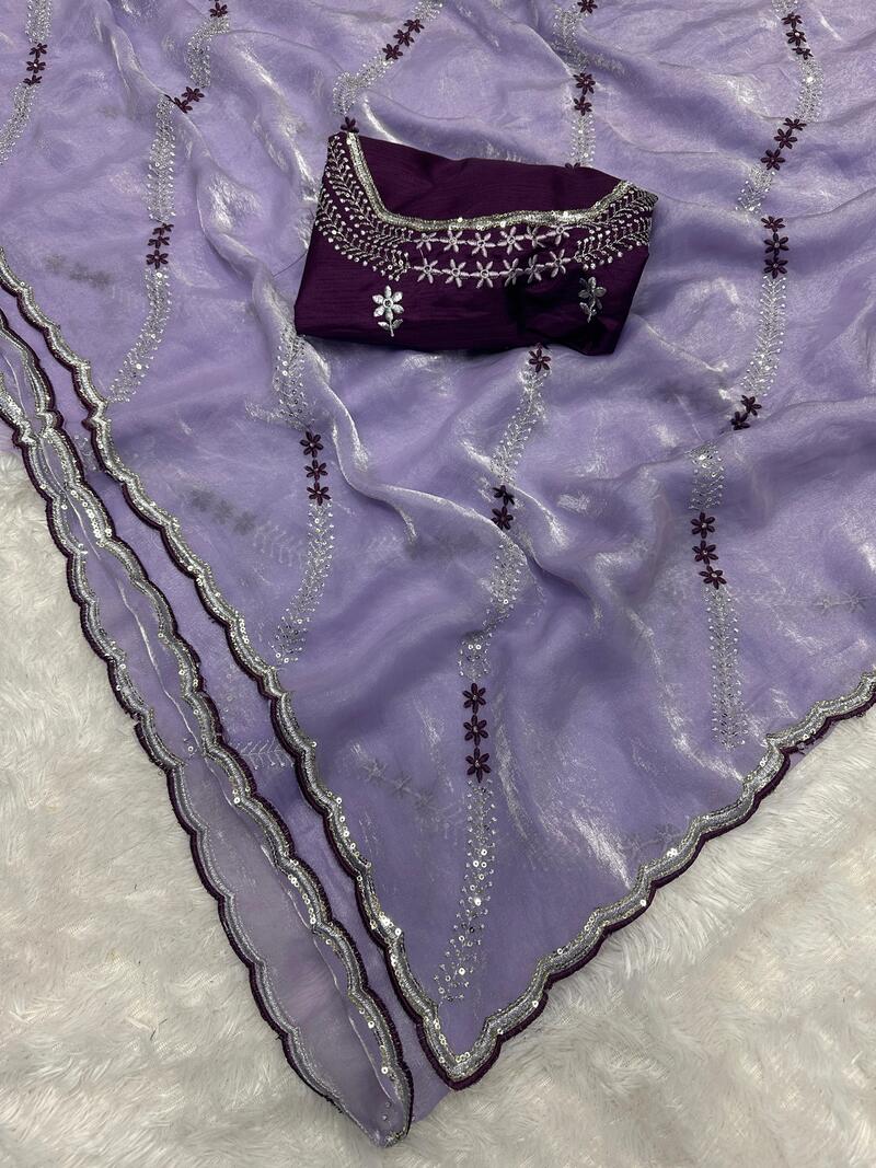 Ailurophile Lavender Sequence Work Fandy Silk Saree With Extraordinary Blouse Piece