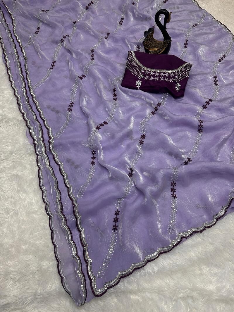 Ailurophile Lavender Sequence Work Fandy Silk Saree With Extraordinary Blouse Piece