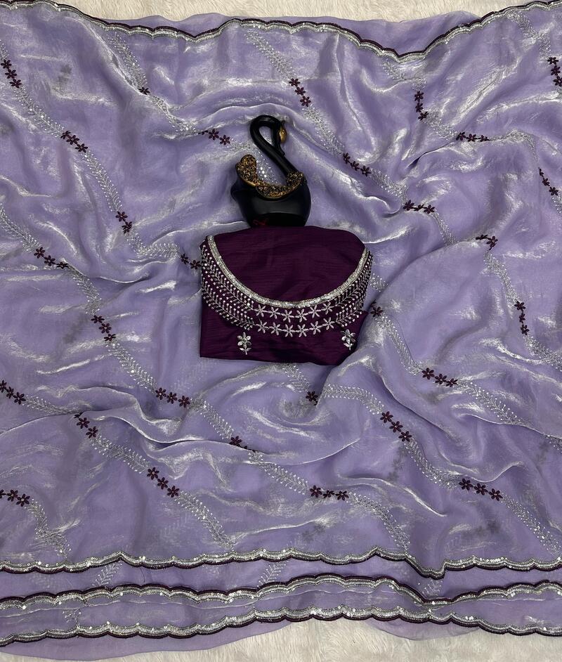 Ailurophile Lavender Sequence Work Fandy Silk Saree With Extraordinary Blouse Piece