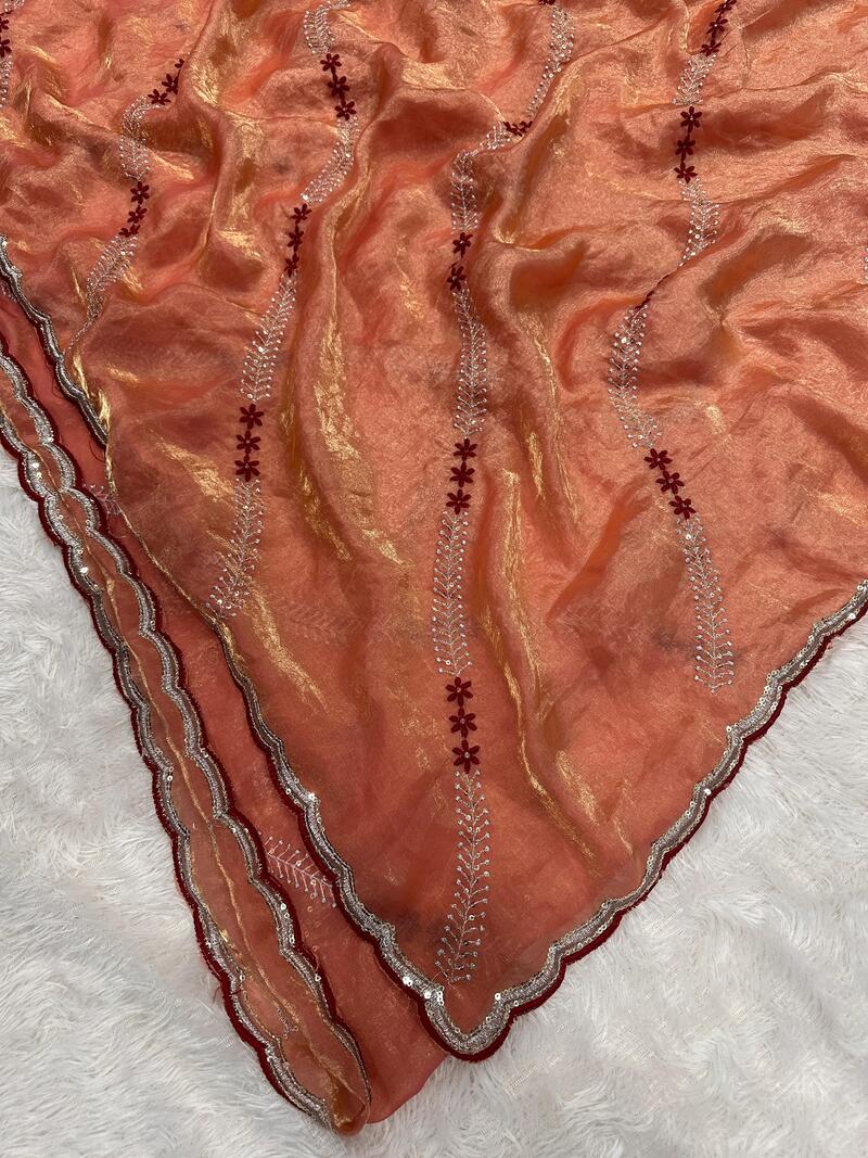 Energetic Orange Sequence Work Fandy Silk Saree With Entrancing Blouse Piece