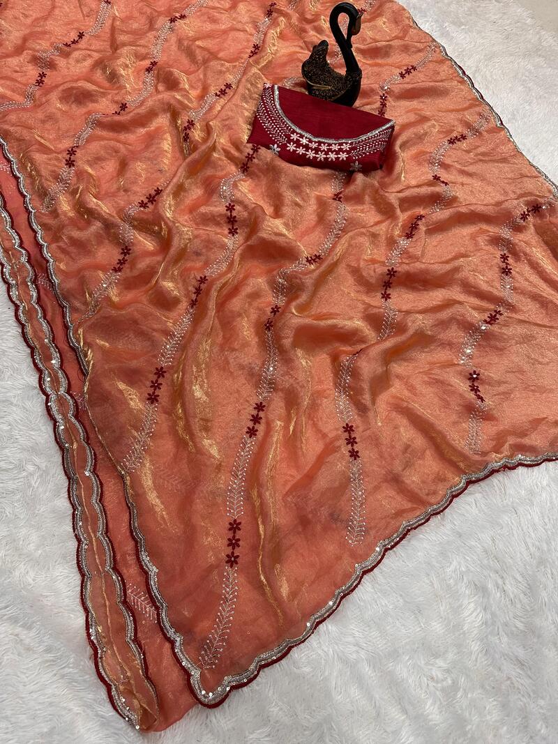 Energetic Orange Sequence Work Fandy Silk Saree With Entrancing Blouse Piece