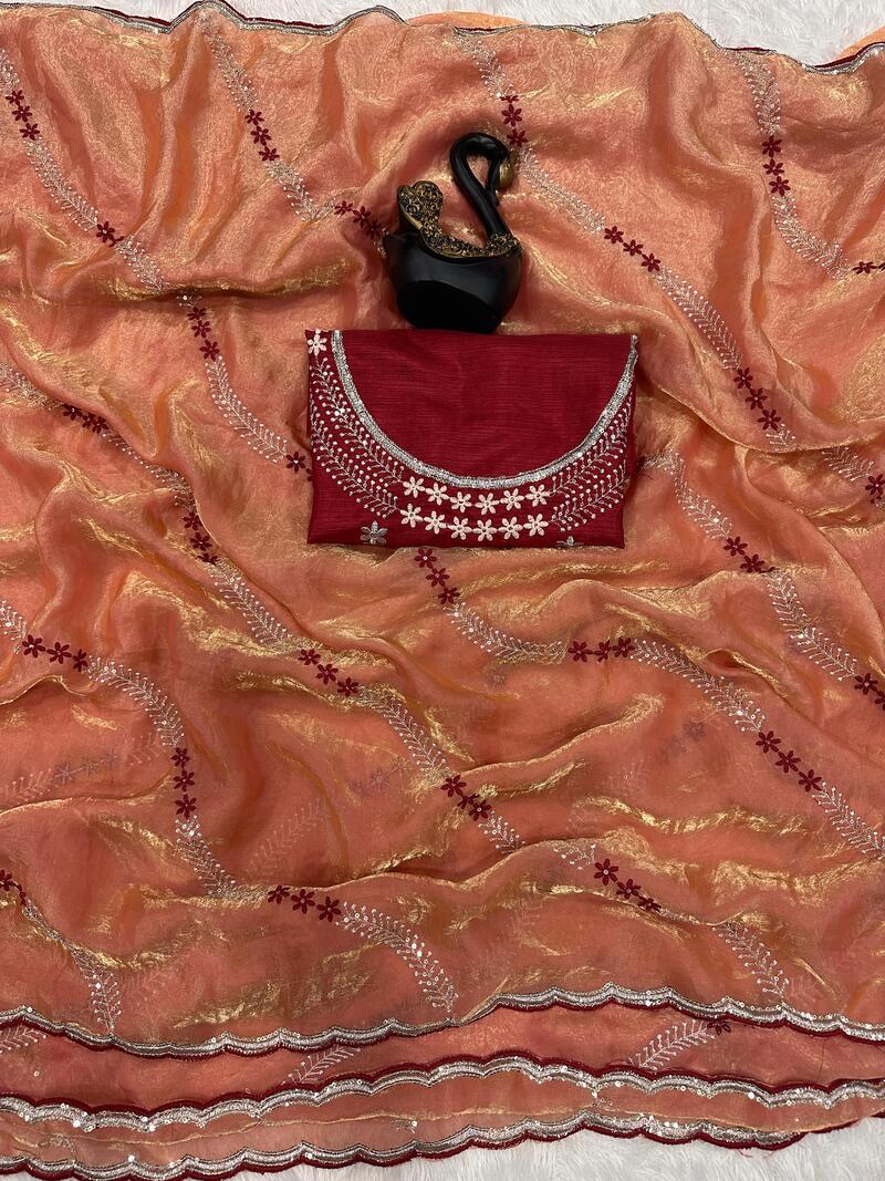 Energetic Orange Sequence Work Fandy Silk Saree With Entrancing Blouse Piece