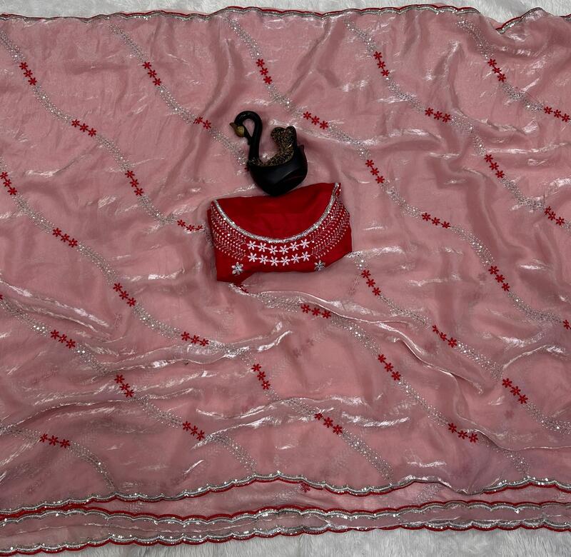 Mesmerising Peach Sequence Work Fandy Silk Saree With Lagniappe Blouse Piece
