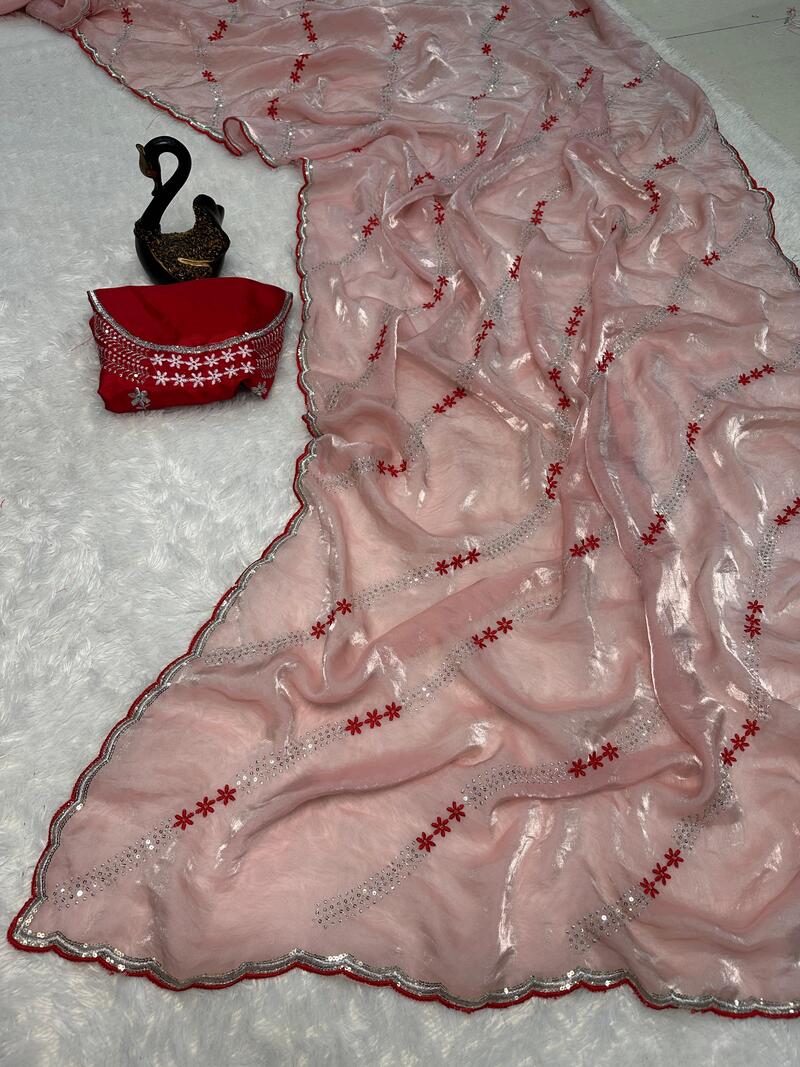 Mesmerising Peach Sequence Work Fandy Silk Saree With Lagniappe Blouse Piece
