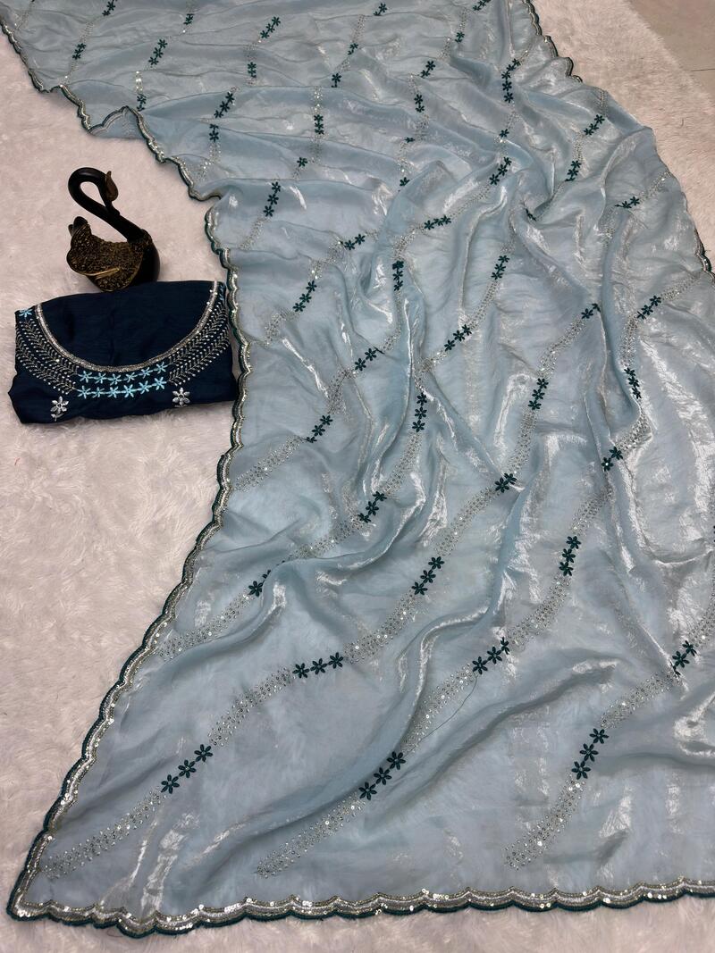 Winsome Sky Sequence Work Fandy Silk Saree With Engaging Blouse Piece