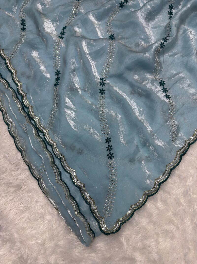 Winsome Sky Sequence Work Fandy Silk Saree With Engaging Blouse Piece
