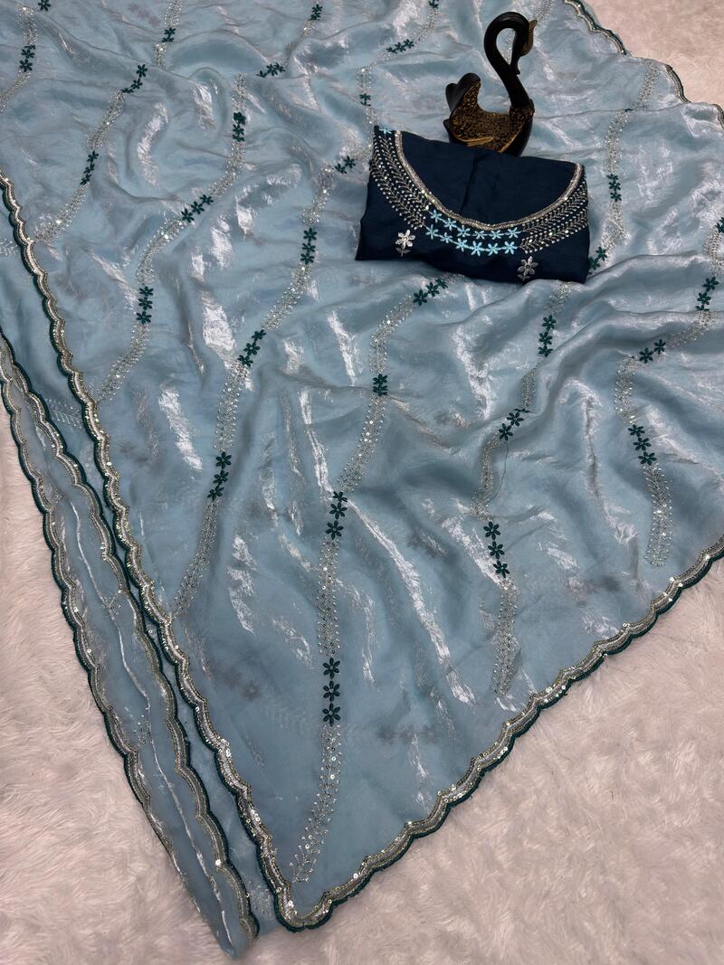 Winsome Sky Sequence Work Fandy Silk Saree With Engaging Blouse Piece