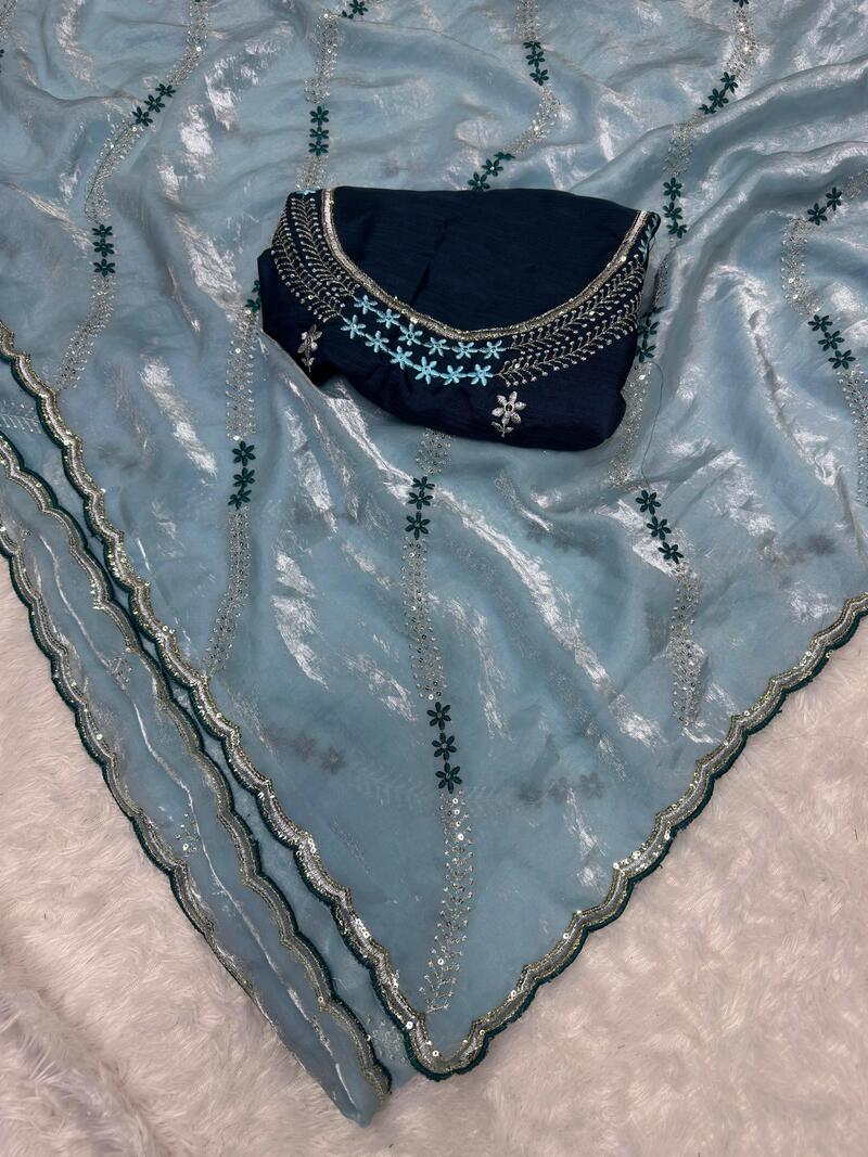 Winsome Sky Sequence Work Fandy Silk Saree With Engaging Blouse Piece