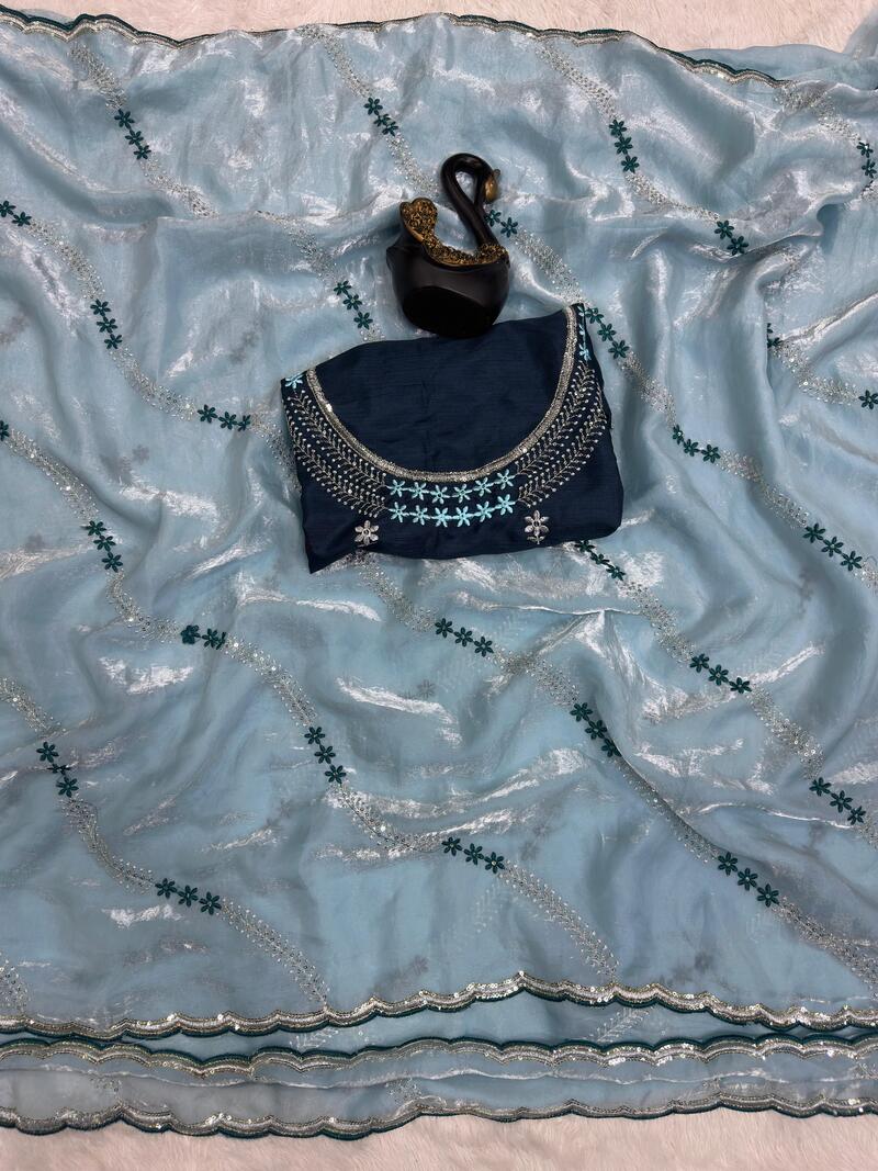 Winsome Sky Sequence Work Fandy Silk Saree With Engaging Blouse Piece