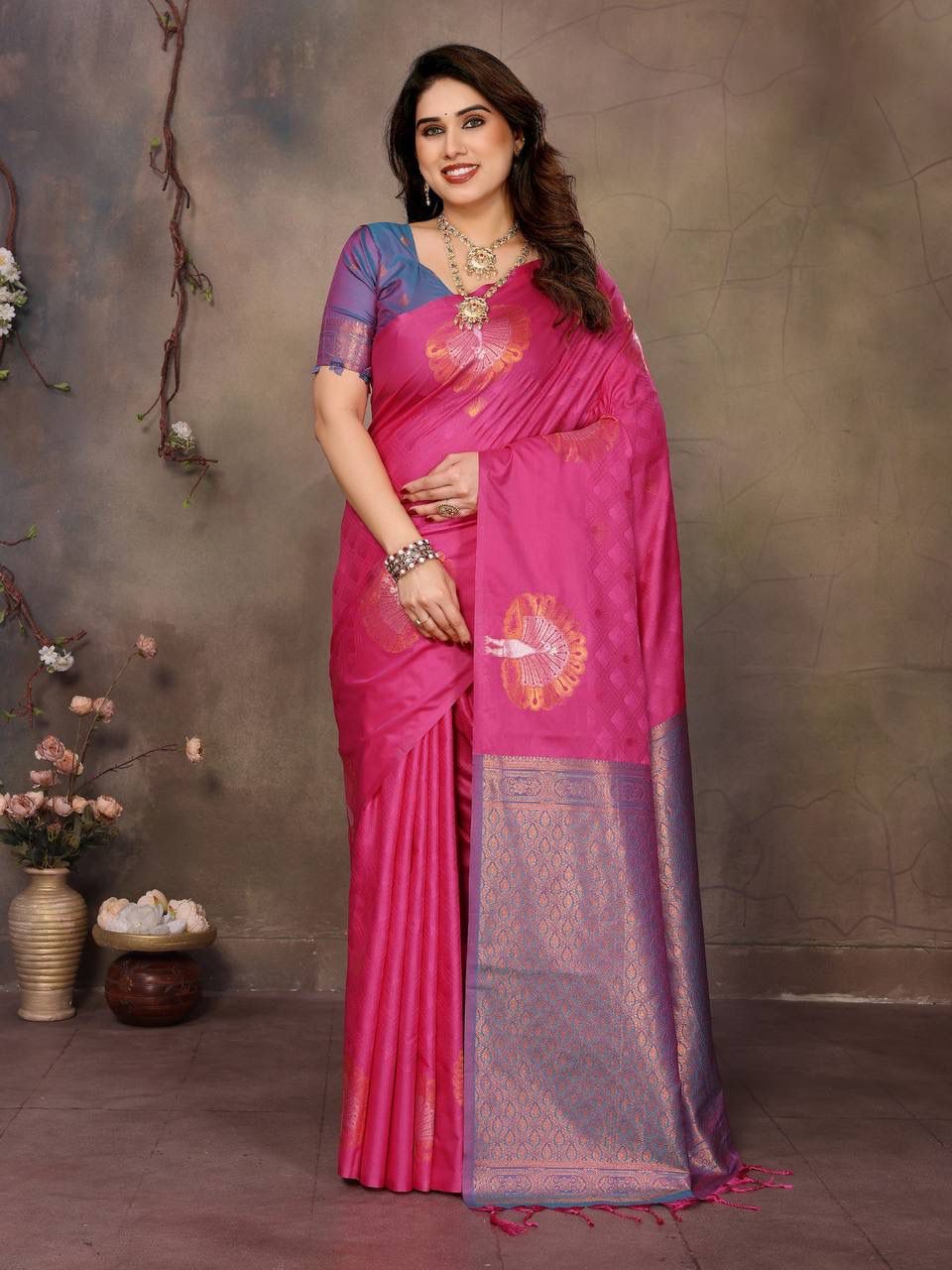 Most Stunning Dark Pink Soft Banarasi Silk Saree With Quintessential Blouse Piece