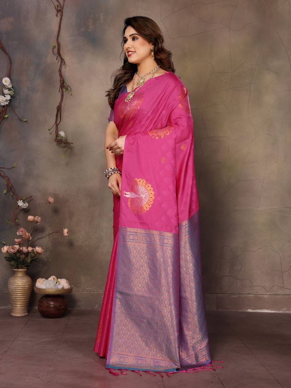 Most Stunning Dark Pink Soft Banarasi Silk Saree With Quintessential Blouse Piece