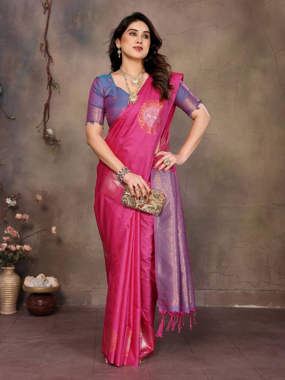 Most Stunning Dark Pink Soft Banarasi Silk Saree With Quintessential Blouse Piece