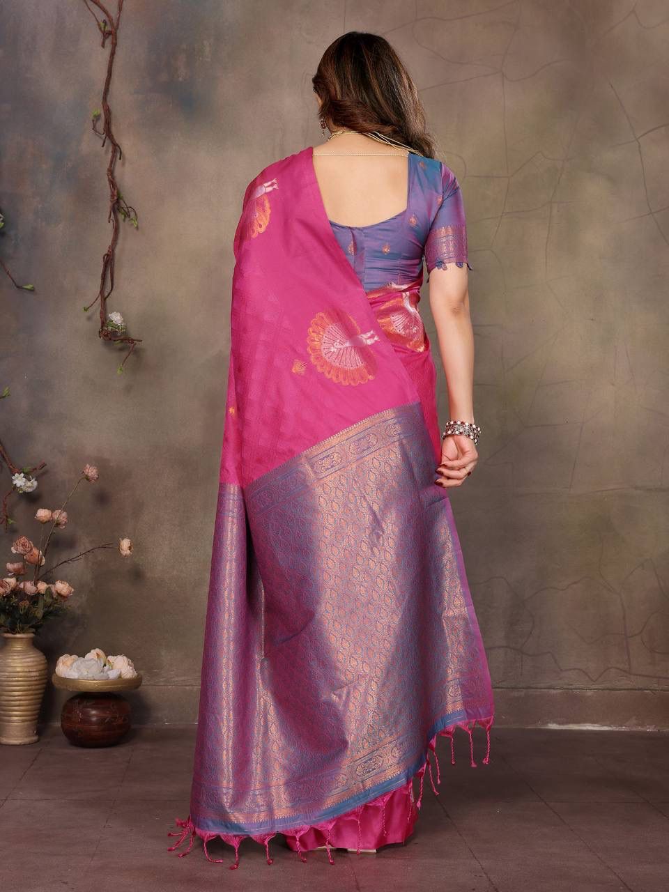 Most Stunning Dark Pink Soft Banarasi Silk Saree With Quintessential Blouse Piece