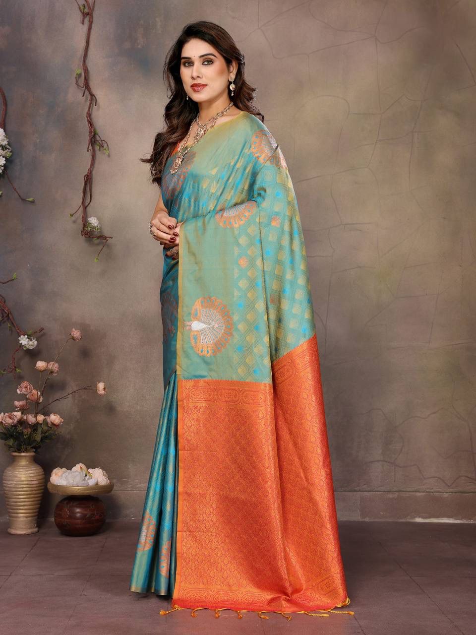Classic Rama Soft Banarasi Silk Saree With Chatoyant Blouse Piece