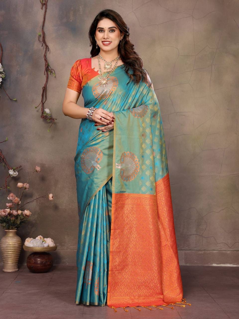 Classic Rama Soft Banarasi Silk Saree With Chatoyant Blouse Piece