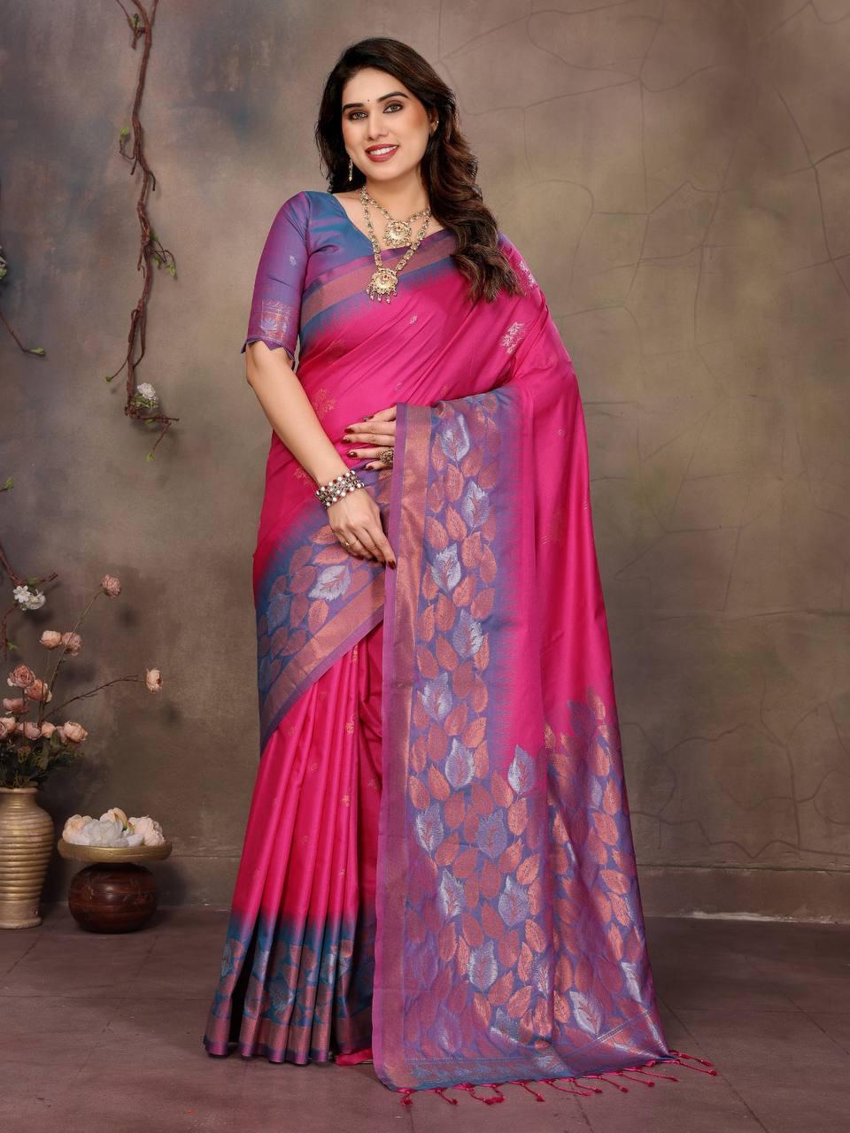 Blooming Dark Pink Soft Banarasi Silk Saree With Jubilant Blouse Piece