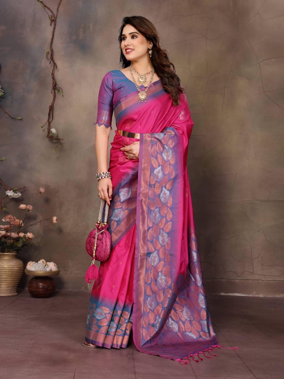 Blooming Dark Pink Soft Banarasi Silk Saree With Jubilant Blouse Piece