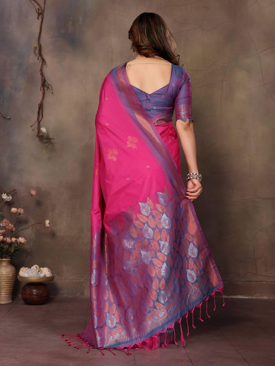 Blooming Dark Pink Soft Banarasi Silk Saree With Jubilant Blouse Piece