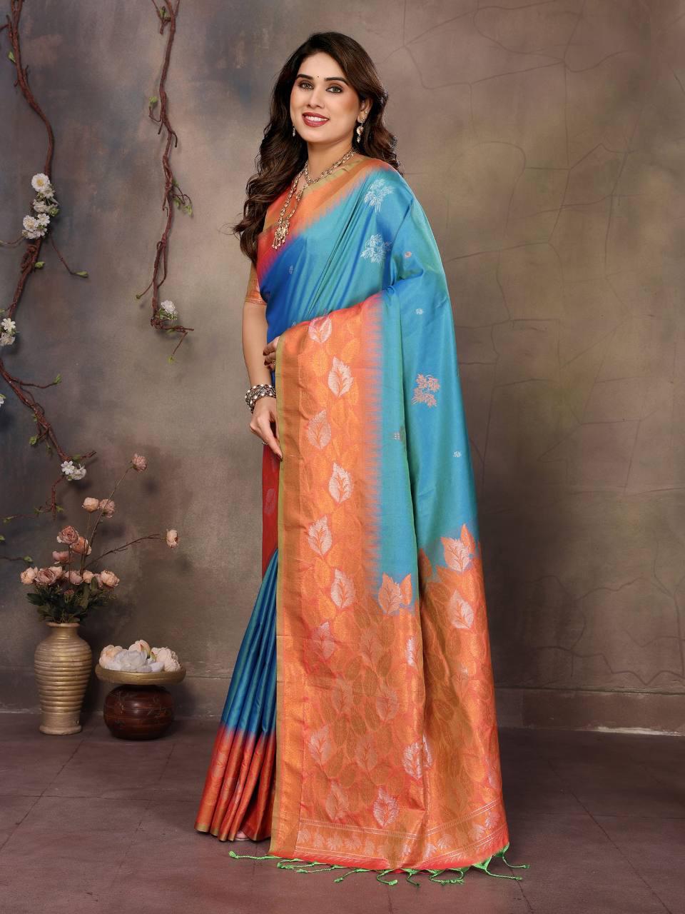 Splendorous Firozi Soft Banarasi Silk Saree With Piquant Blouse Piece