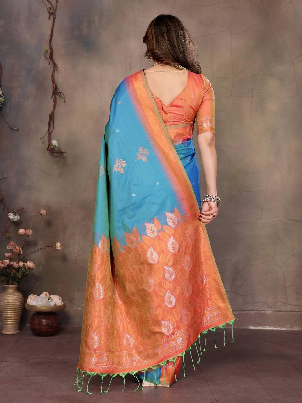 Splendorous Firozi Soft Banarasi Silk Saree With Piquant Blouse Piece
