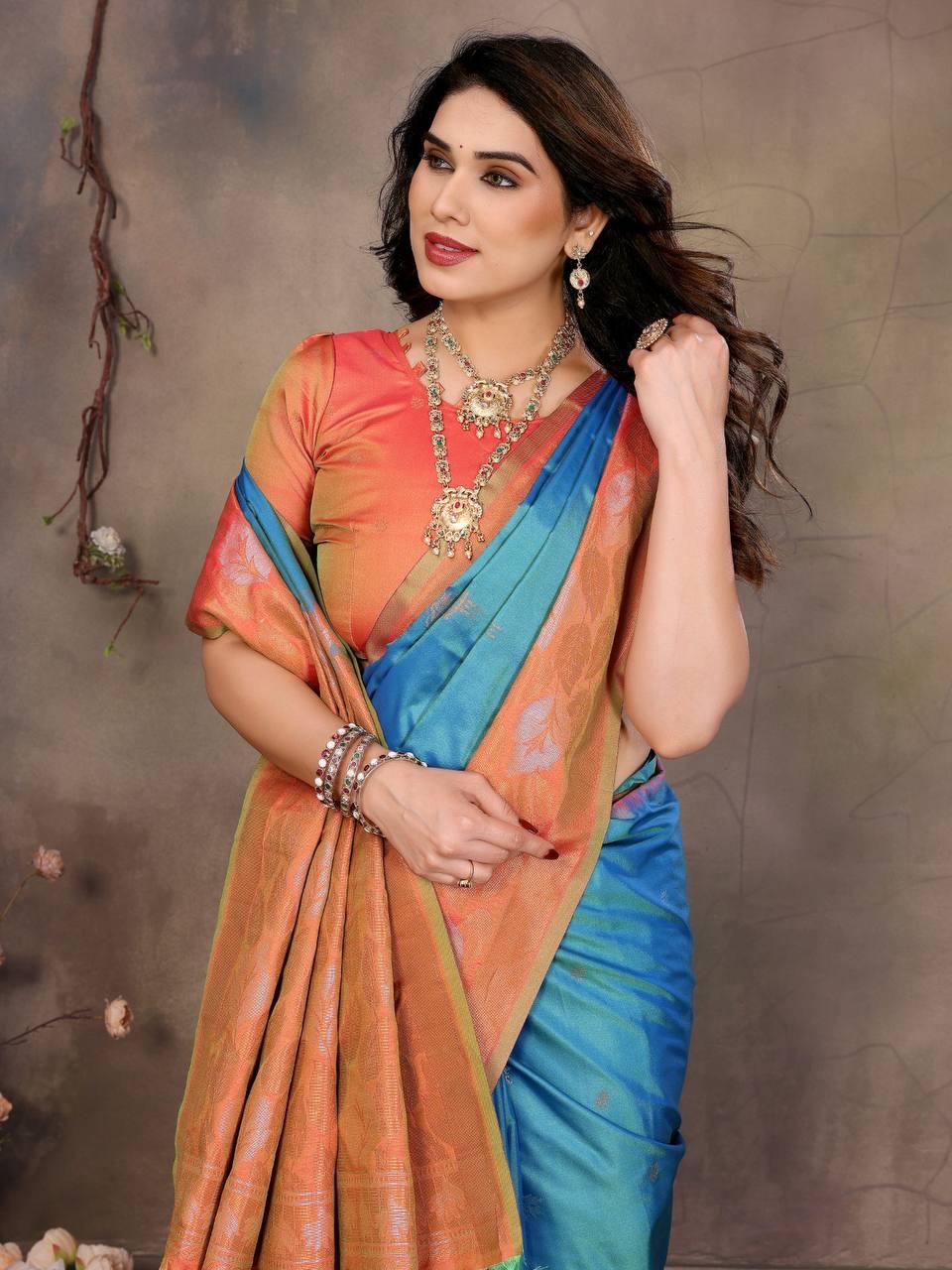 Splendorous Firozi Soft Banarasi Silk Saree With Piquant Blouse Piece