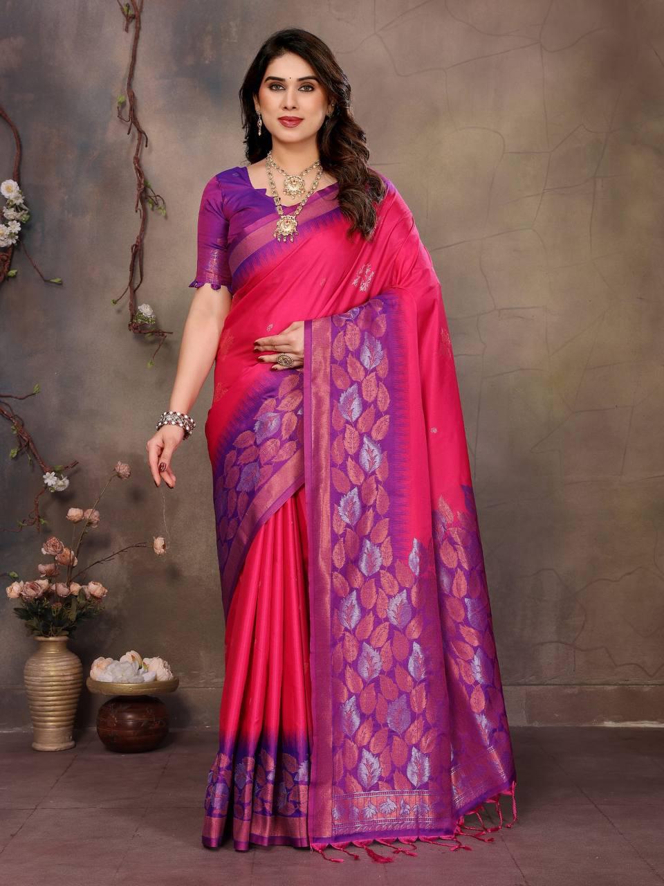 Designer Magenta Soft Banarasi Silk Saree With Dazzling Blouse Piece
