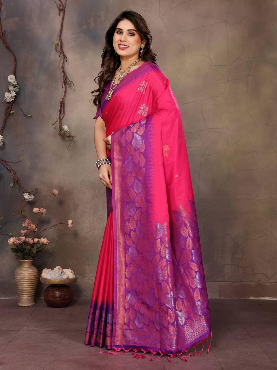 Designer Magenta Soft Banarasi Silk Saree With Dazzling Blouse Piece