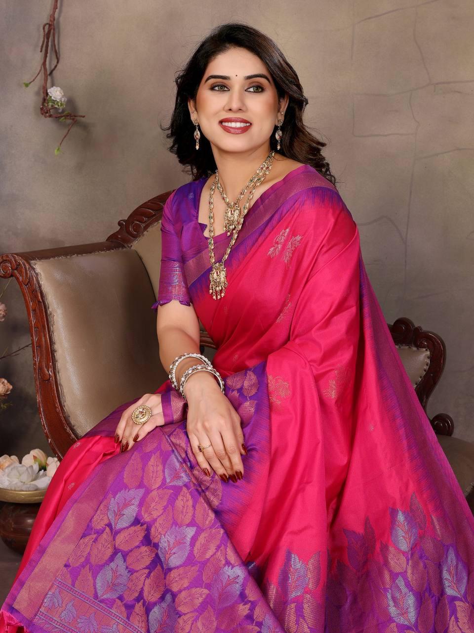 Designer Magenta Soft Banarasi Silk Saree With Dazzling Blouse Piece
