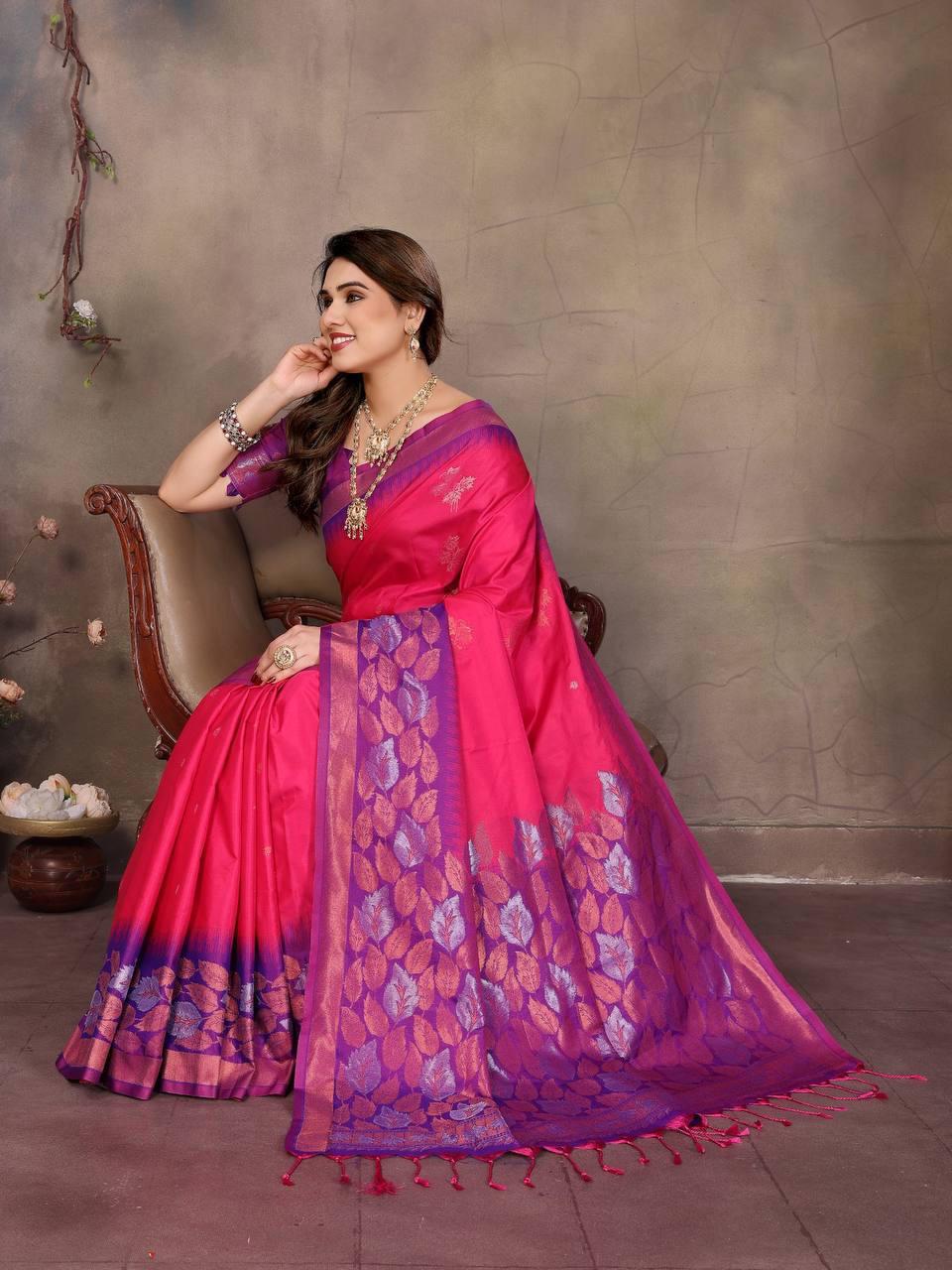 Designer Magenta Soft Banarasi Silk Saree With Dazzling Blouse Piece