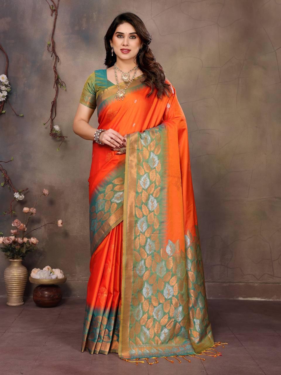 Sonorous Orange Soft Banarasi Silk Saree With Ravishing Blouse Piece