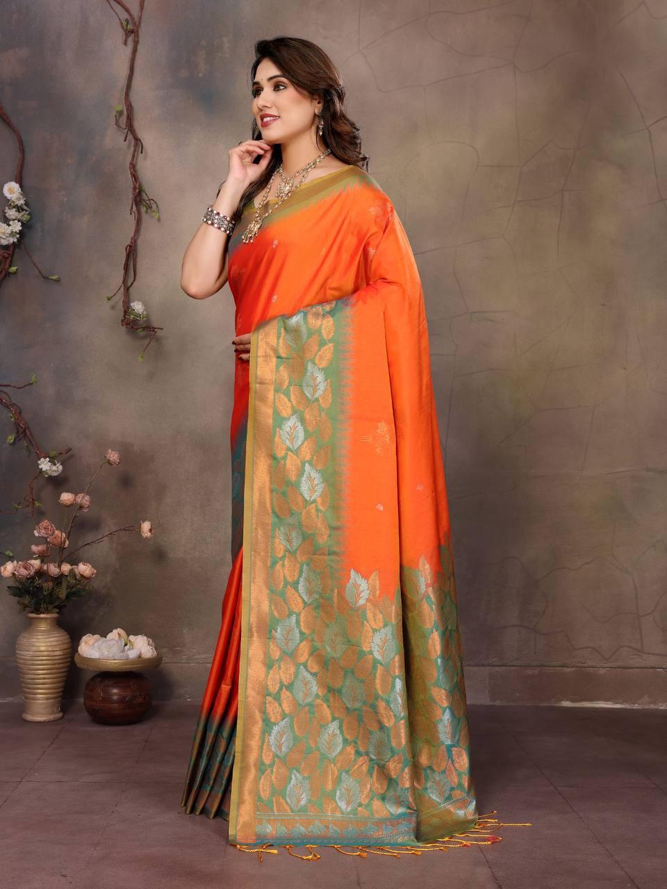 Sonorous Orange Soft Banarasi Silk Saree With Ravishing Blouse Piece