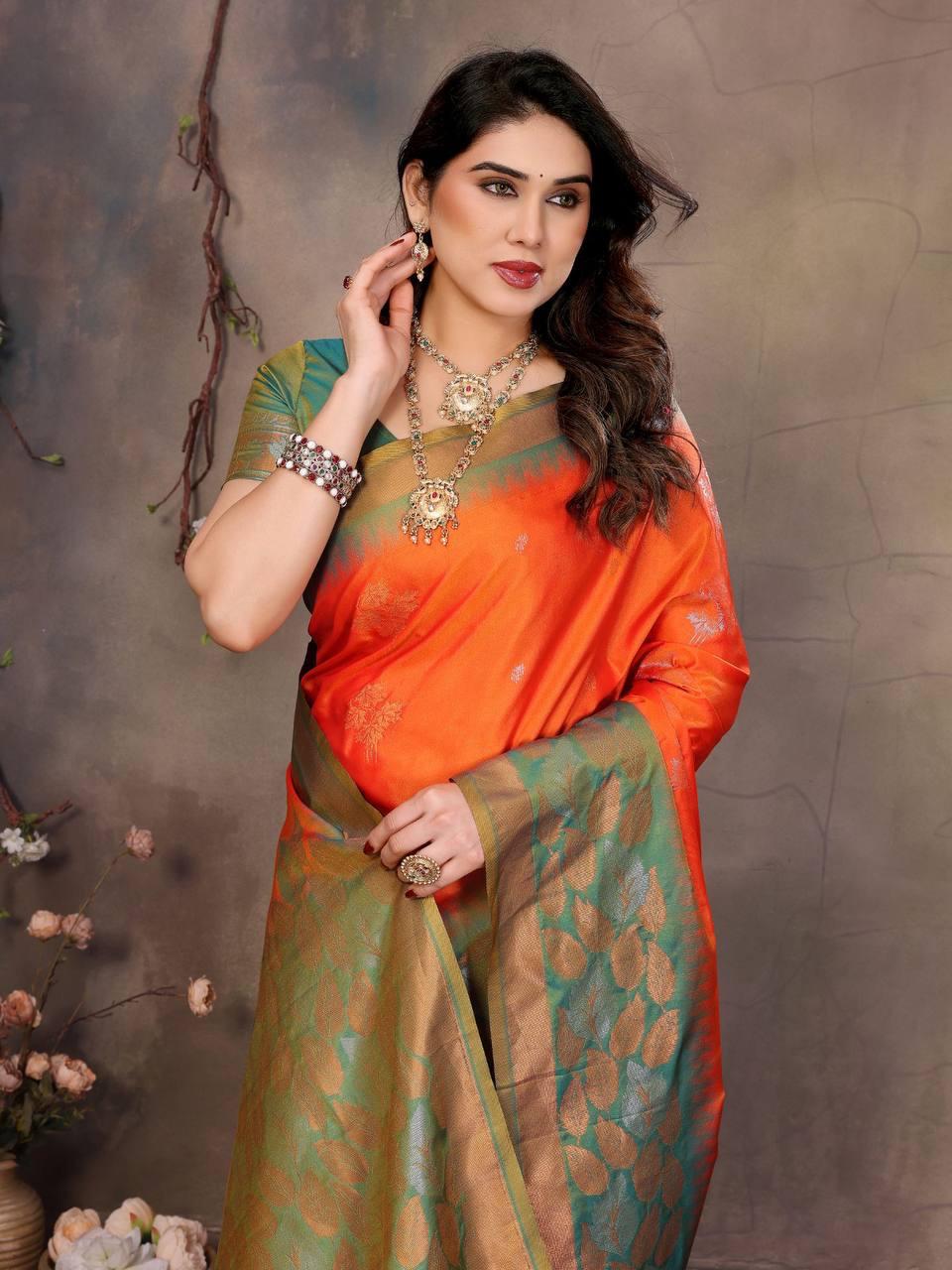 Sonorous Orange Soft Banarasi Silk Saree With Ravishing Blouse Piece