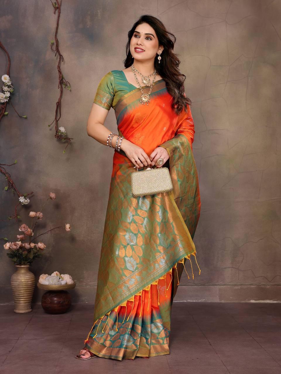 Sonorous Orange Soft Banarasi Silk Saree With Ravishing Blouse Piece