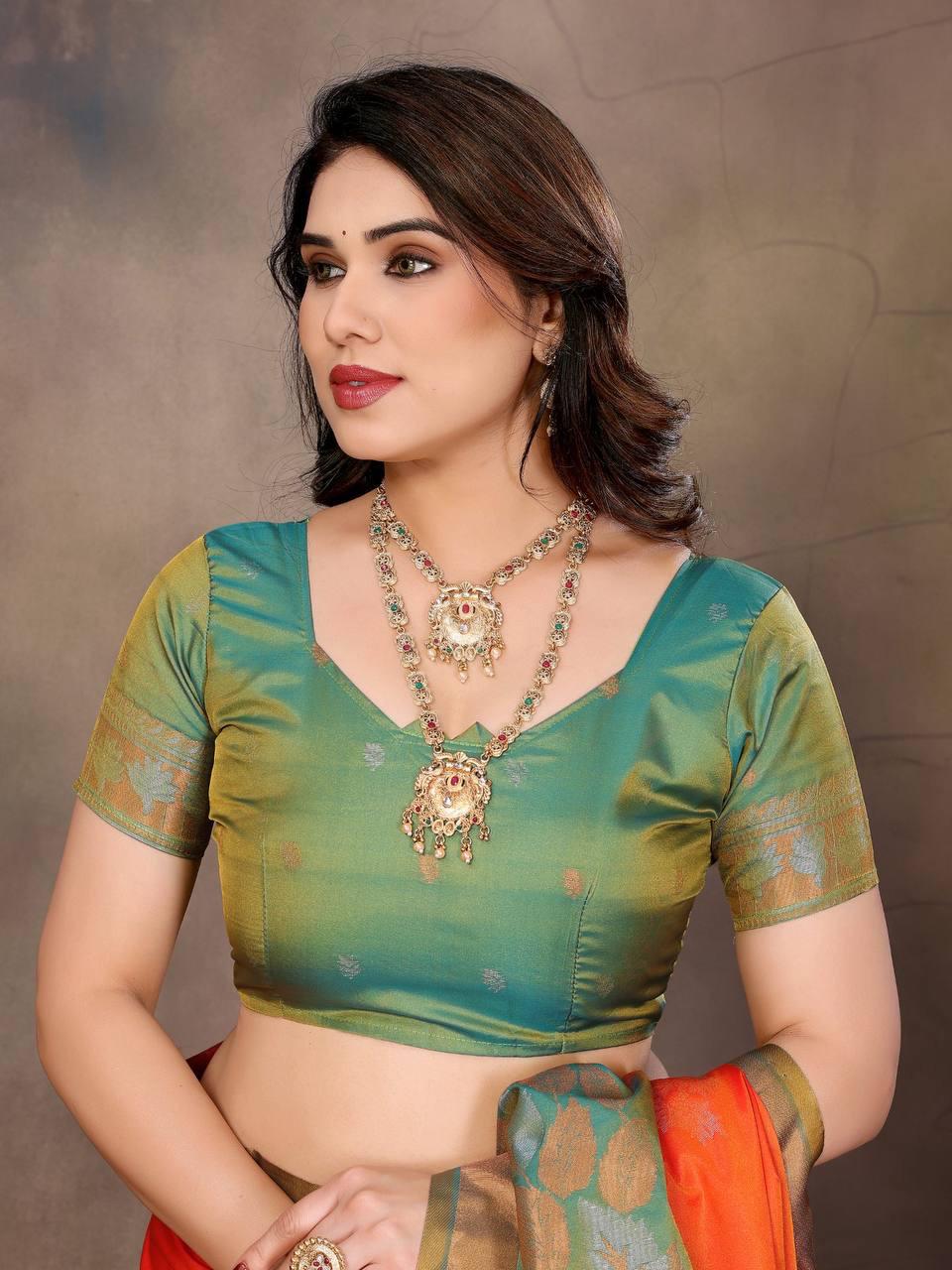 Sonorous Orange Soft Banarasi Silk Saree With Ravishing Blouse Piece