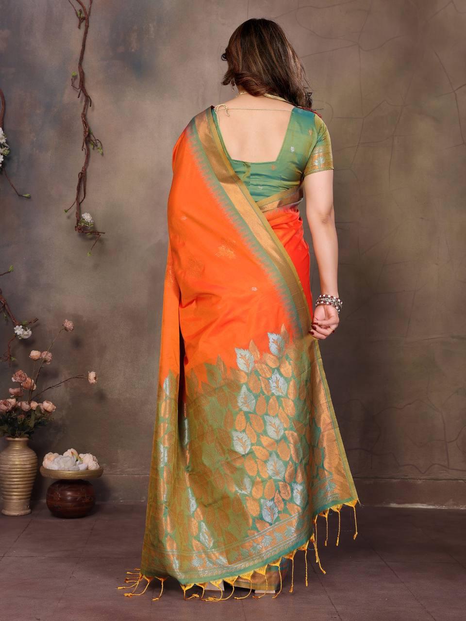 Sonorous Orange Soft Banarasi Silk Saree With Ravishing Blouse Piece